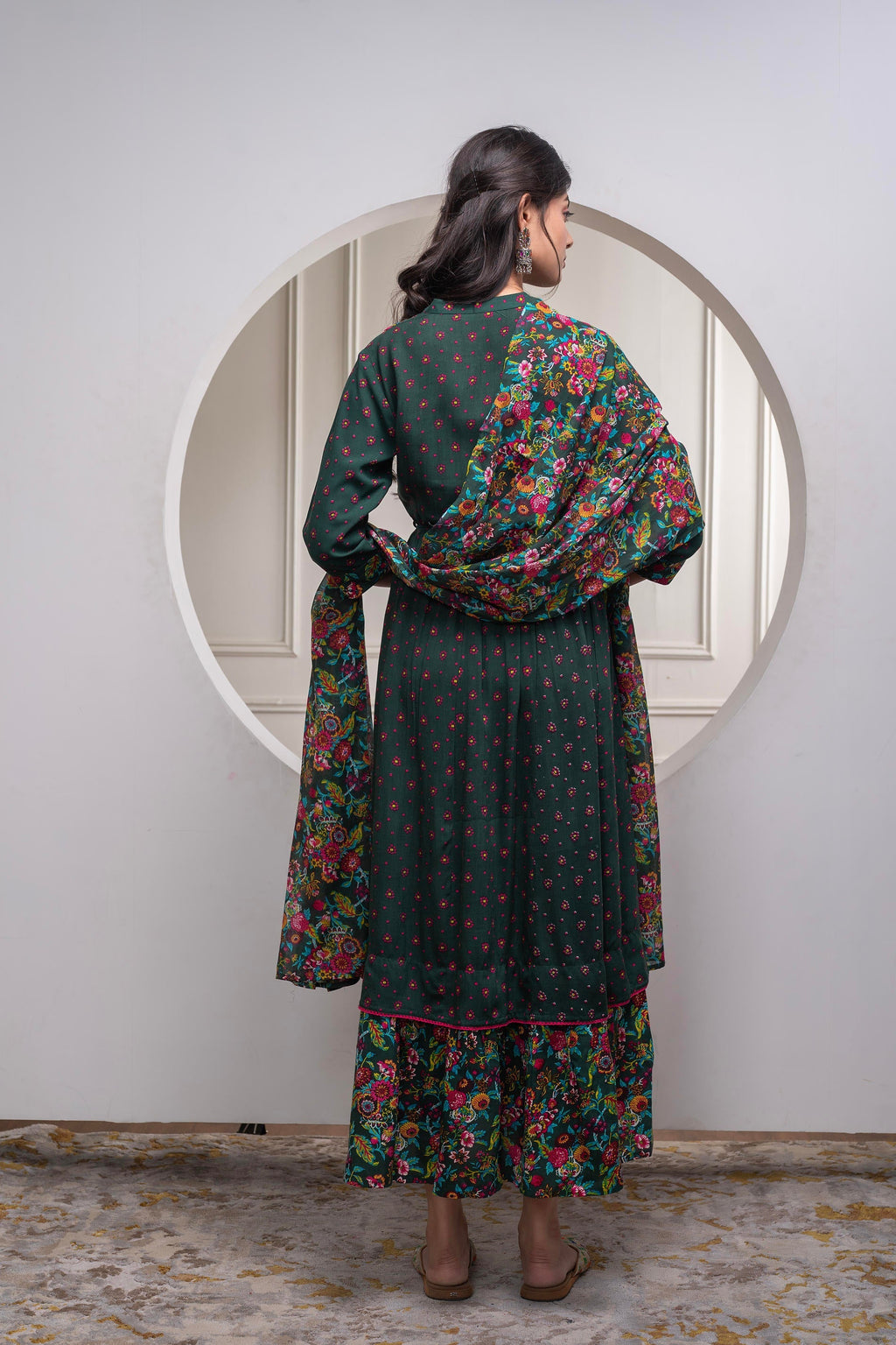 Juniper Bottle Green Floral Viscose Long Dress With Dupatta And Dori, Sequence & Lace Work | Grocsy