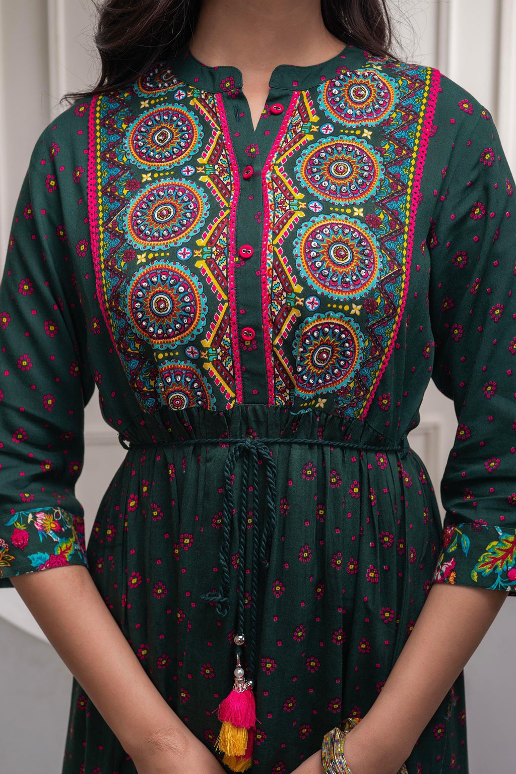 Juniper Bottle Green Floral Viscose Long Dress With Dupatta And Dori, Sequence & Lace Work | Grocsy