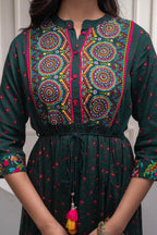 Juniper Bottle Green Floral Viscose Long Dress With Dupatta And Dori, Sequence & Lace Work | Grocsy