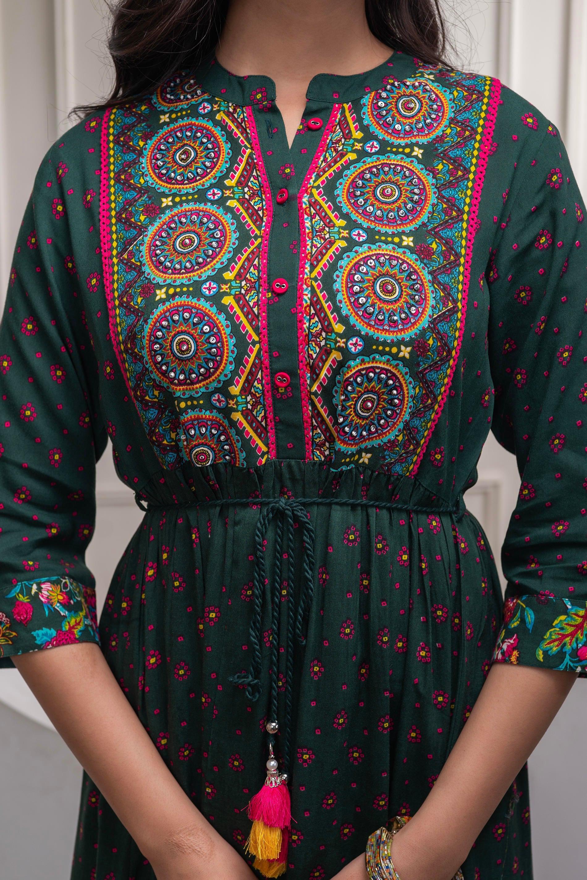 Juniper Bottle Green Floral Viscose Long Dress With Dupatta And Dori, Sequence & Lace Work | Grocsy