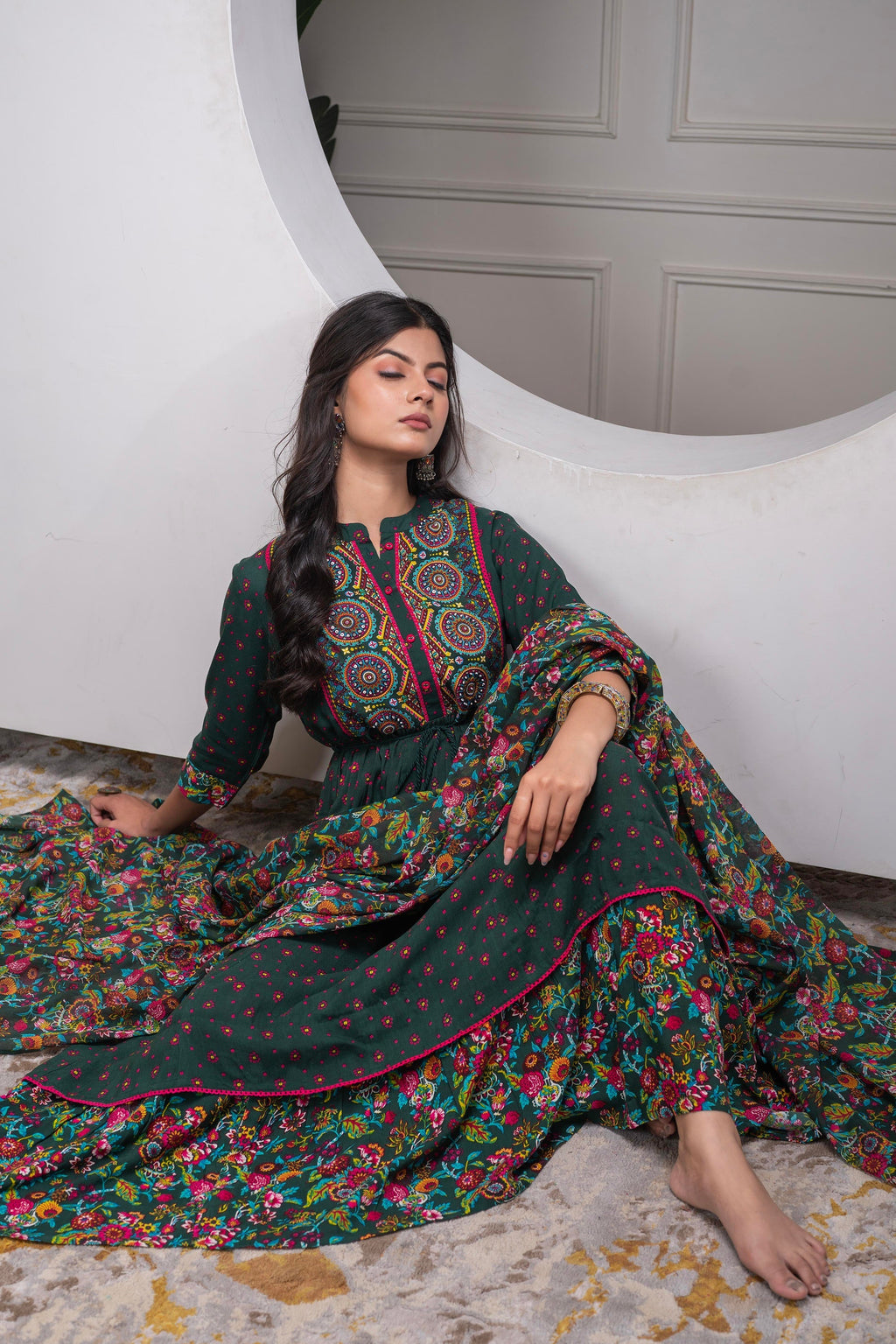 Juniper Bottle Green Floral Viscose Long Dress With Dupatta And Dori, Sequence & Lace Work | Grocsy