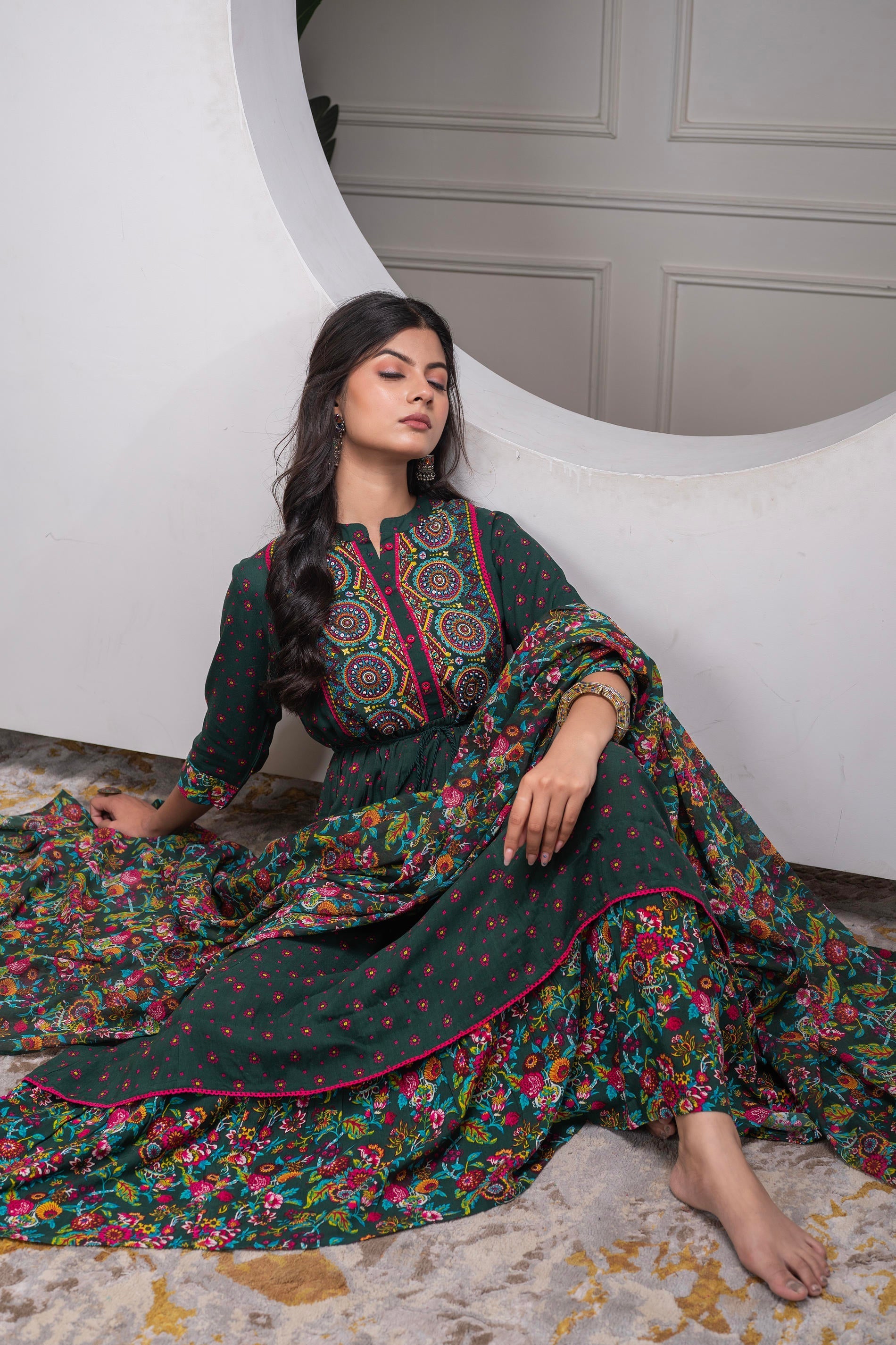 Juniper Bottle Green Floral Viscose Long Dress With Dupatta And Dori, Sequence & Lace Work | Grocsy