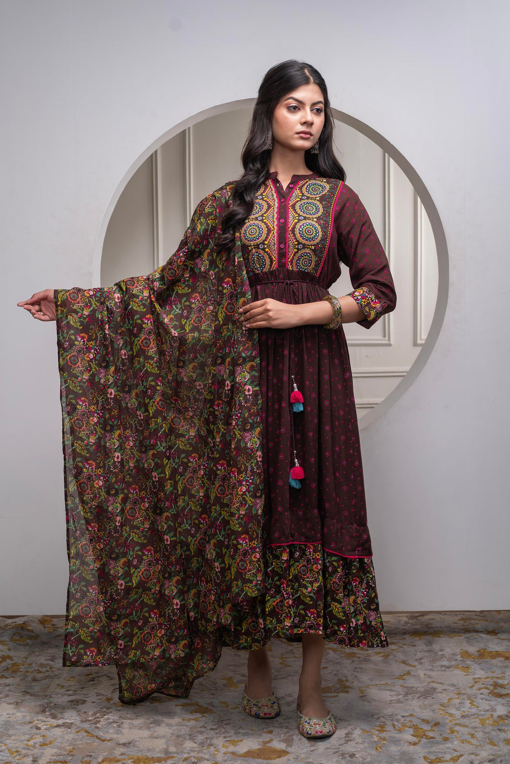 Juniper Brown Floral Viscose Long Dress With Dupatta And Dori, Sequence & Lace Work | Grocsy