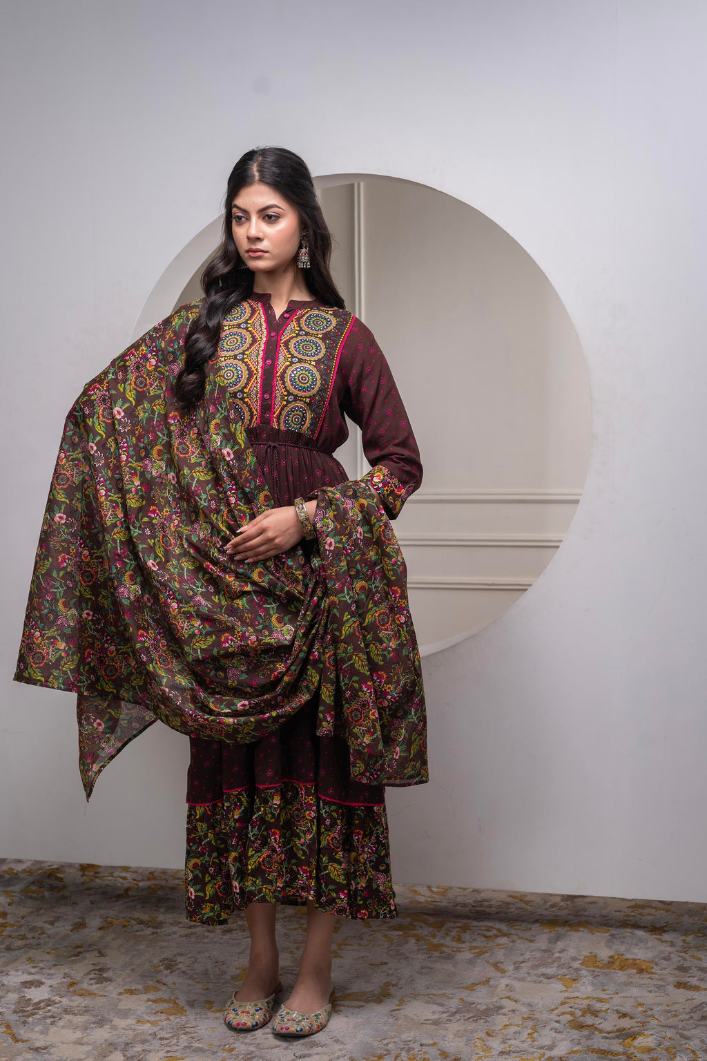 Juniper Brown Floral Viscose Long Dress With Dupatta And Dori, Sequence & Lace Work | Grocsy