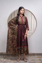 Juniper Brown Floral Viscose Long Dress With Dupatta And Dori, Sequence & Lace Work | Grocsy