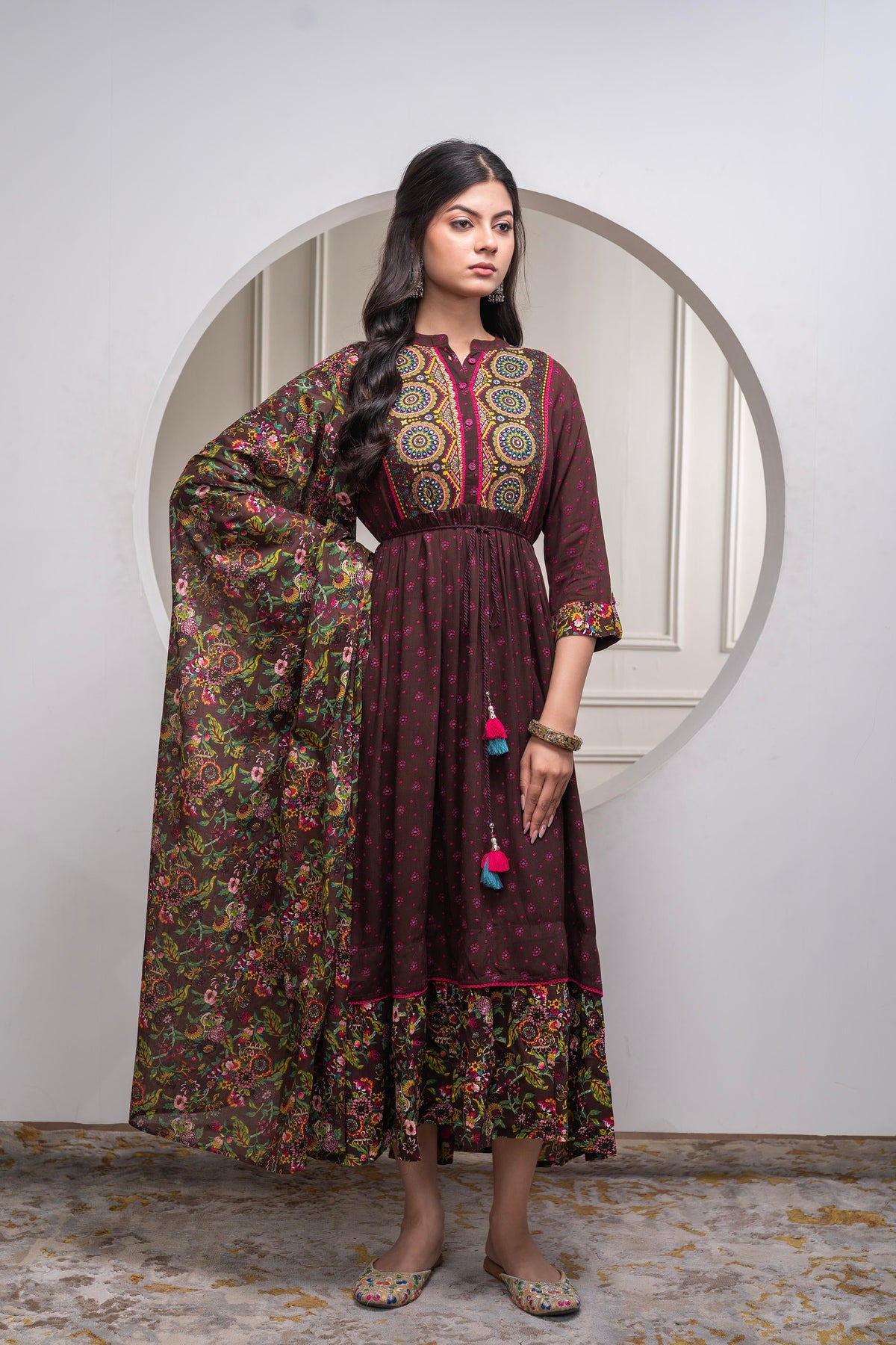 Juniper Brown Floral Viscose Long Dress With Dupatta And Dori, Sequence & Lace Work | Grocsy