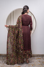 Juniper Brown Floral Viscose Long Dress With Dupatta And Dori, Sequence & Lace Work | Grocsy