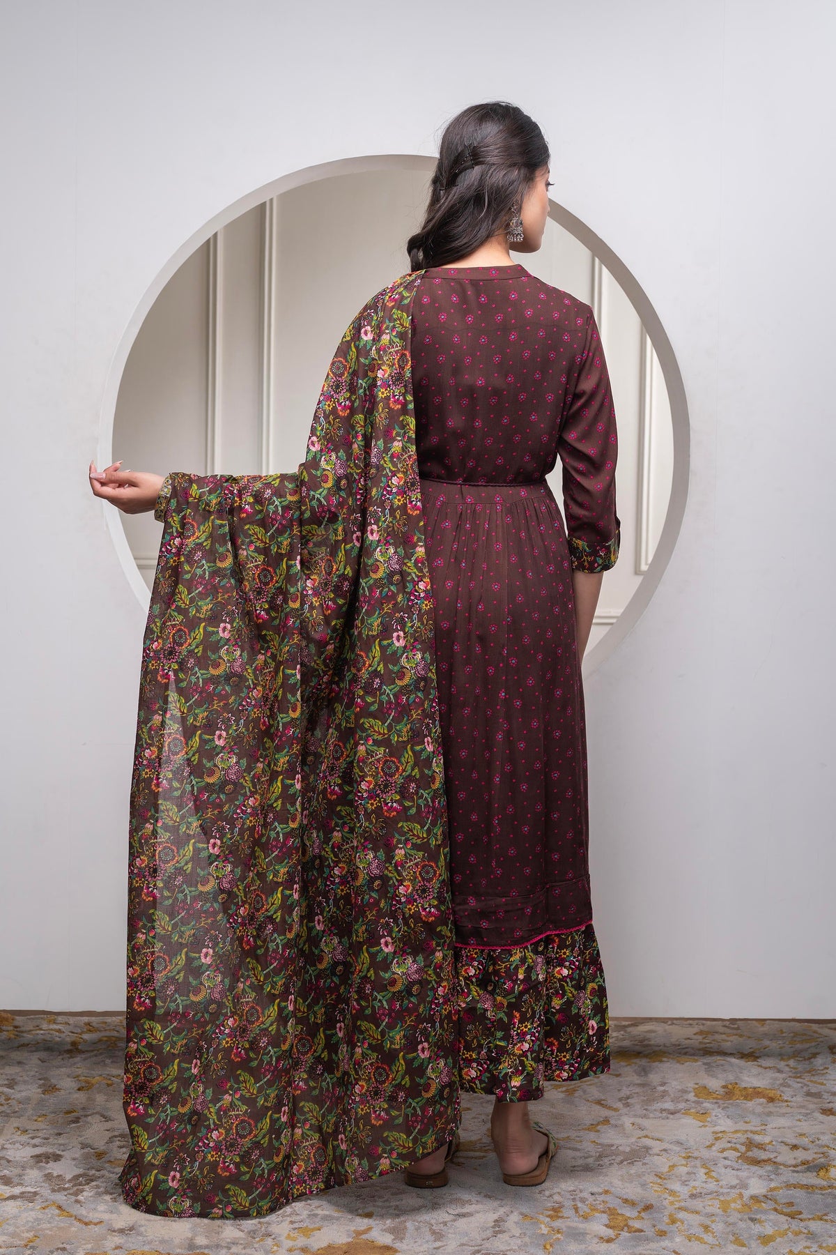 Juniper Brown Floral Viscose Long Dress With Dupatta And Dori, Sequence & Lace Work | Grocsy