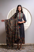 Juniper Grey Floral Viscose Long Dress With Dupatta And Dori, Sequence & Lace Work | Grocsy