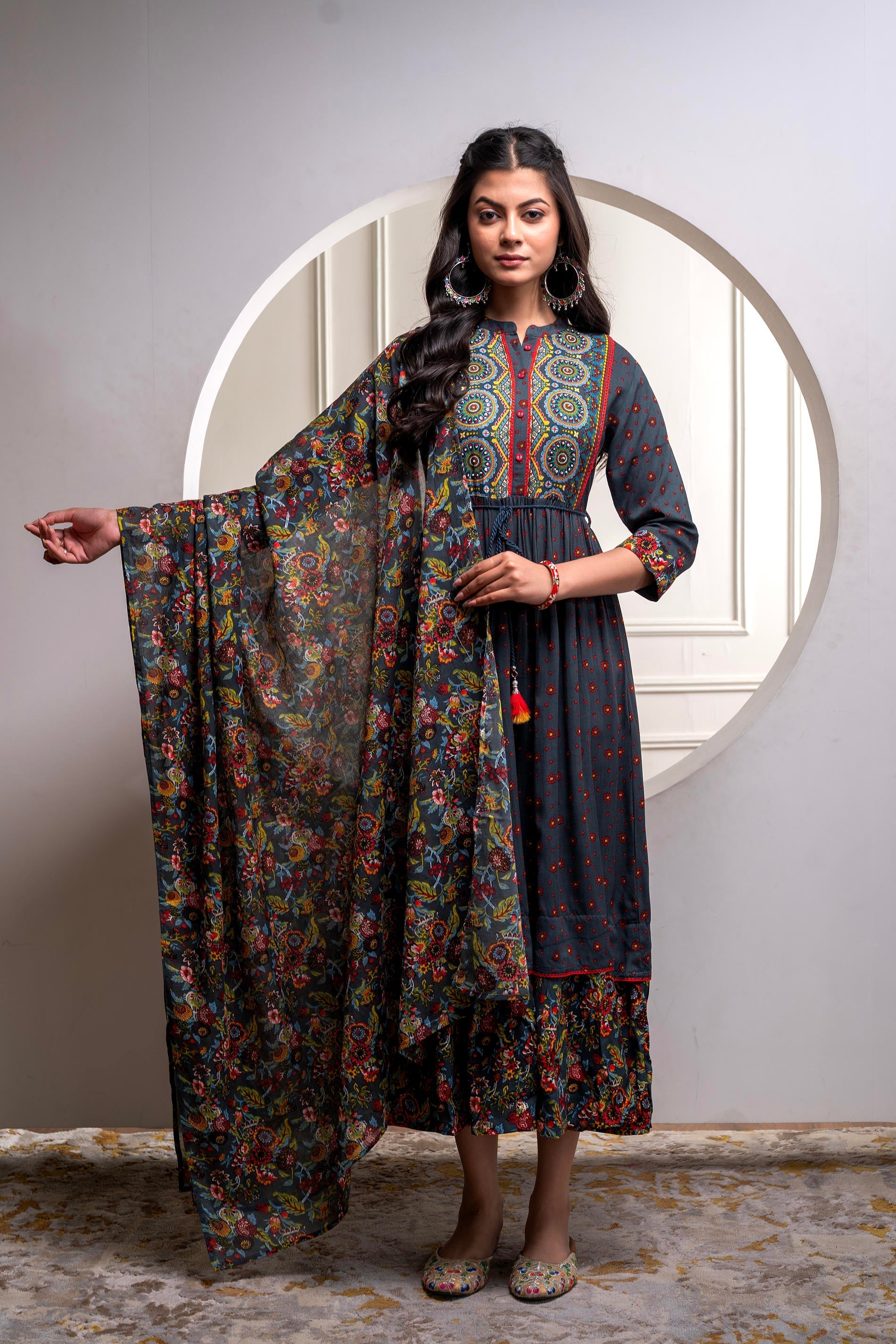 Juniper Grey Floral Viscose Long Dress With Dupatta And Dori, Sequence & Lace Work | Grocsy