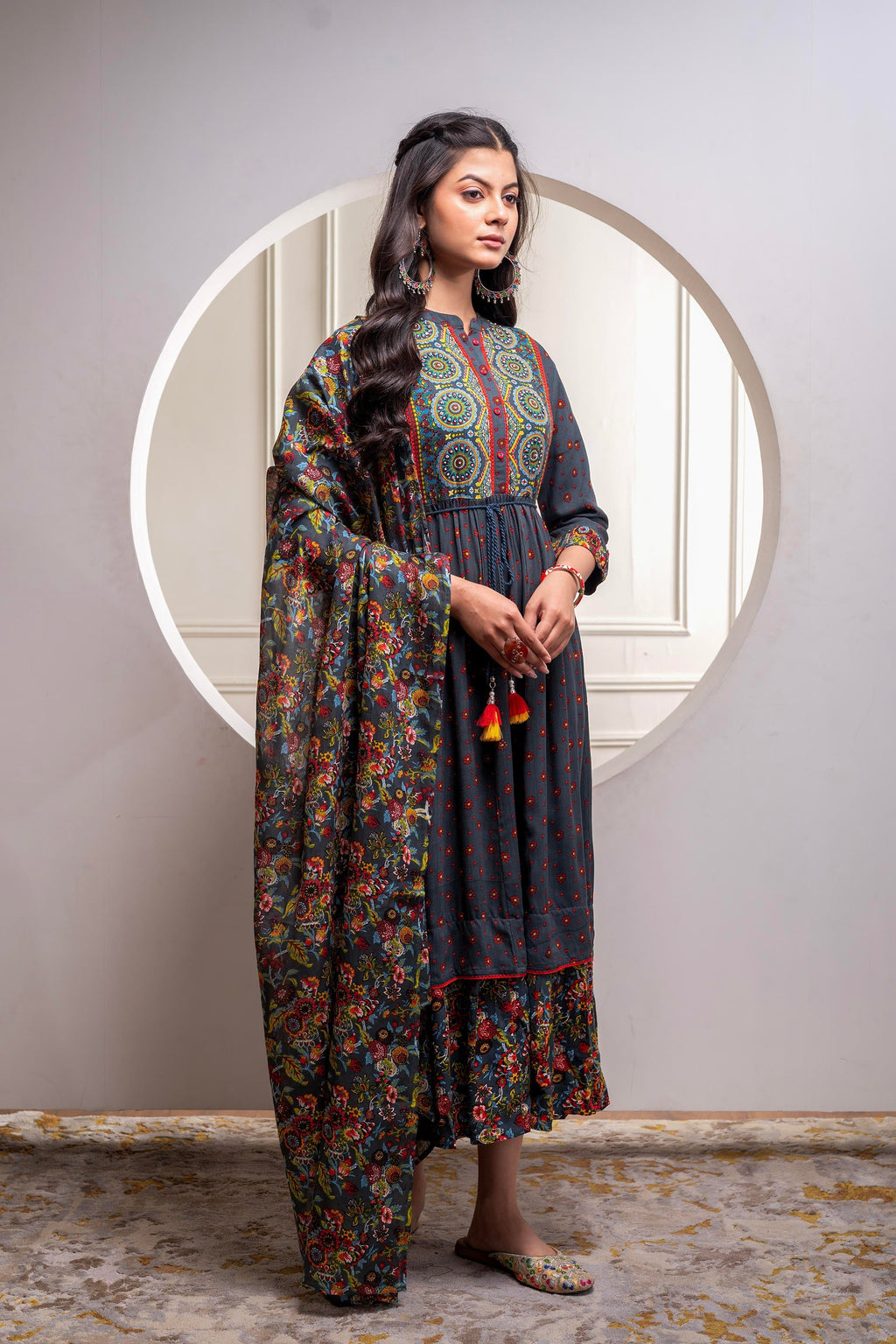 Juniper Grey Floral Viscose Long Dress With Dupatta And Dori, Sequence & Lace Work | Grocsy