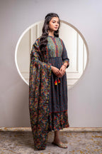 Juniper Grey Floral Viscose Long Dress With Dupatta And Dori, Sequence & Lace Work | Grocsy