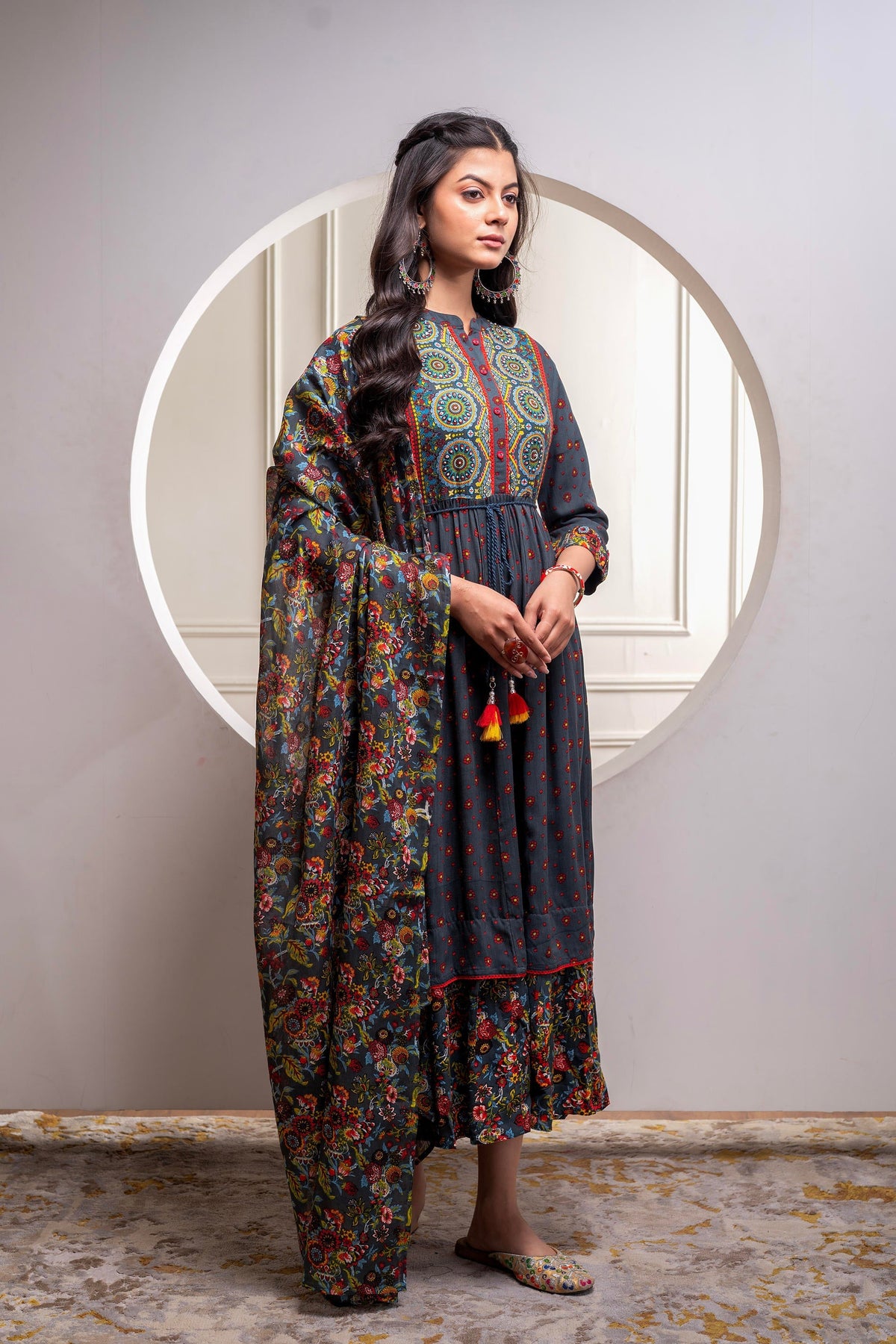 Juniper Grey Floral Viscose Long Dress With Dupatta And Dori, Sequence & Lace Work | Grocsy