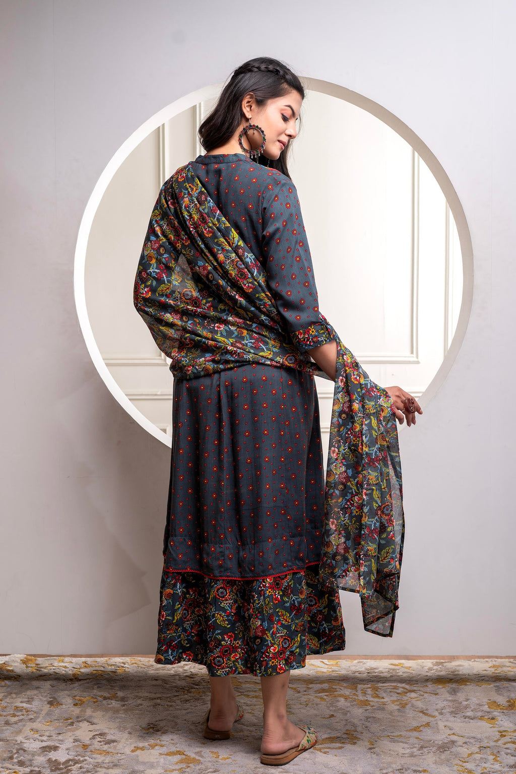 Juniper Grey Floral Viscose Long Dress With Dupatta And Dori, Sequence & Lace Work | Grocsy