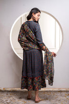 Juniper Grey Floral Viscose Long Dress With Dupatta And Dori, Sequence & Lace Work | Grocsy