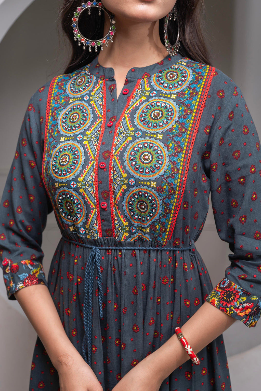 Juniper Grey Floral Viscose Long Dress With Dupatta And Dori, Sequence & Lace Work | Grocsy