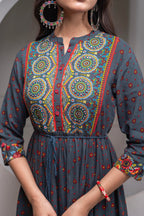 Juniper Grey Floral Viscose Long Dress With Dupatta And Dori, Sequence & Lace Work | Grocsy