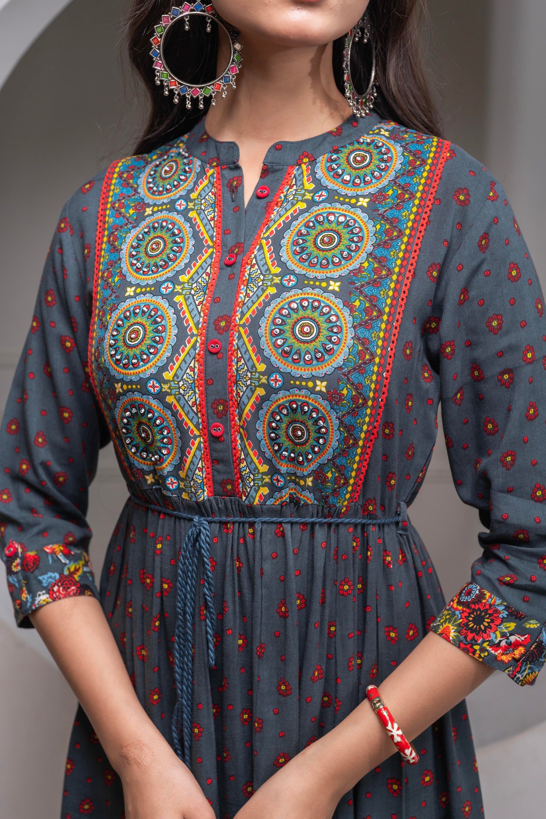 Juniper Grey Floral Viscose Long Dress With Dupatta And Dori, Sequence & Lace Work | Grocsy