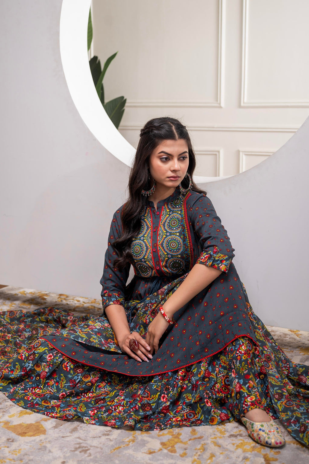 Juniper Grey Floral Viscose Long Dress With Dupatta And Dori, Sequence & Lace Work | Grocsy