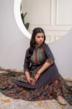 Juniper Grey Floral Viscose Long Dress With Dupatta And Dori, Sequence & Lace Work | Grocsy