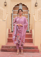 Juniper Mauve Man Made Fiber Floral Printed Kurta With Pants & Dupatta Set With Lace Work | Grocsy