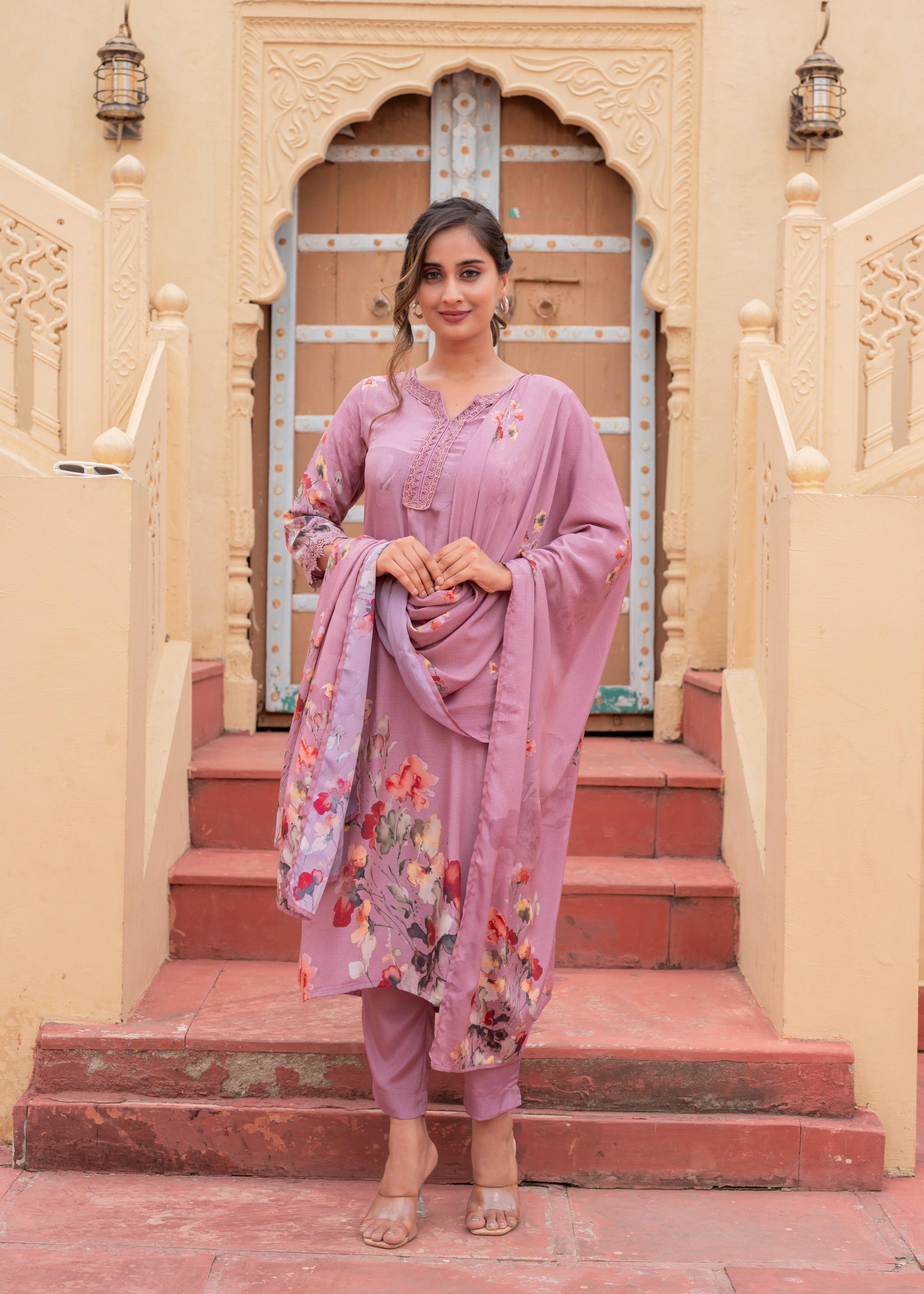 Juniper Mauve Man Made Fiber Floral Printed Kurta With Pants & Dupatta Set With Lace Work | Grocsy
