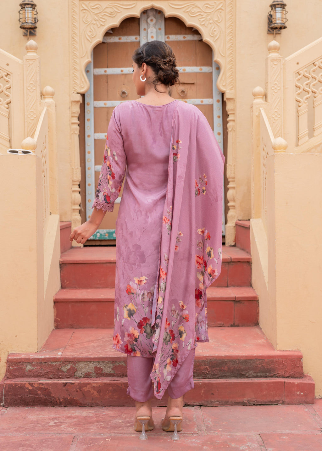 Juniper Mauve Man Made Fiber Floral Printed Kurta With Pants & Dupatta Set With Lace Work | Grocsy