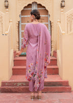 Juniper Mauve Man Made Fiber Floral Printed Kurta With Pants & Dupatta Set With Lace Work | Grocsy