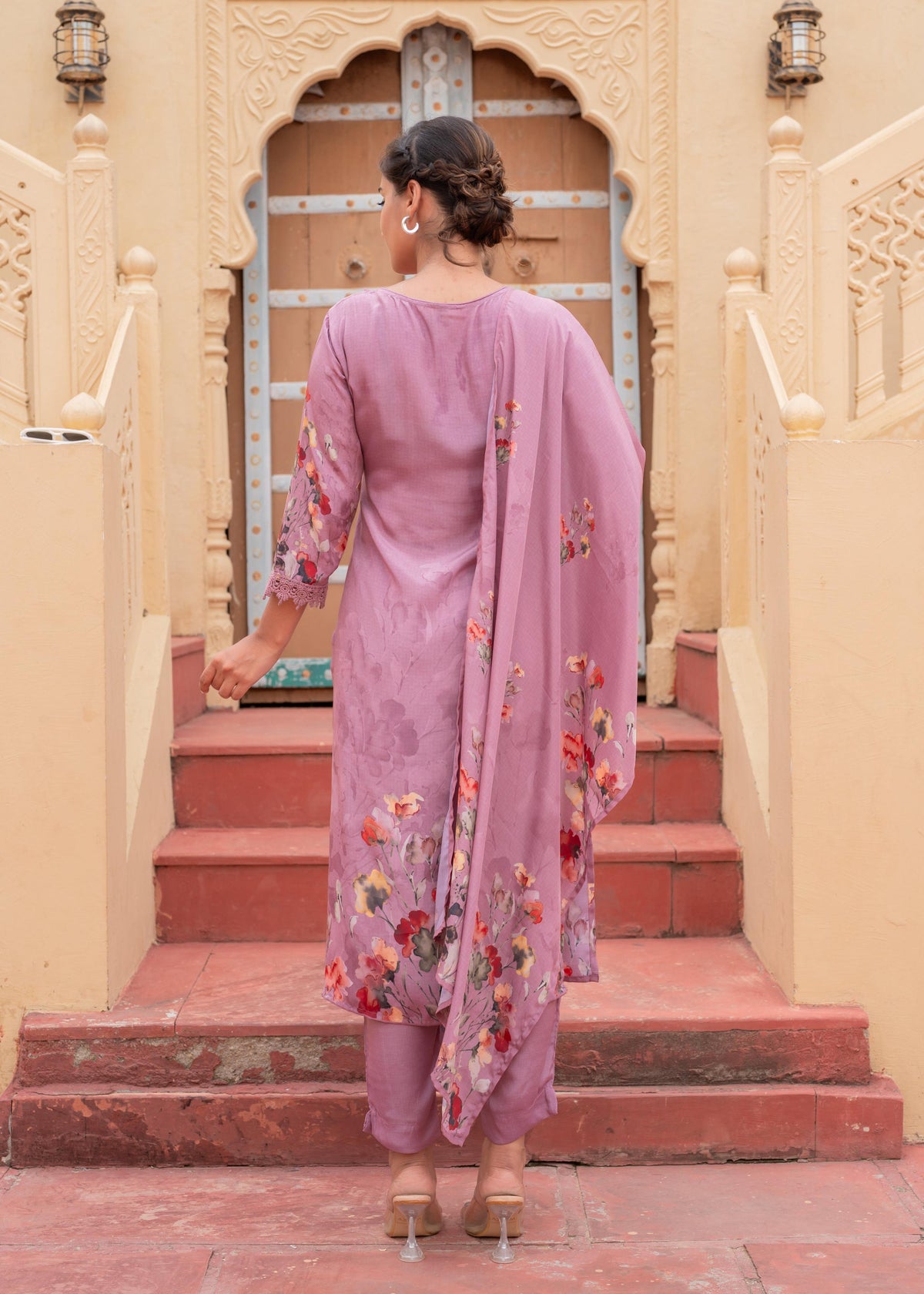 Juniper Mauve Man Made Fiber Floral Printed Kurta With Pants & Dupatta Set With Lace Work | Grocsy