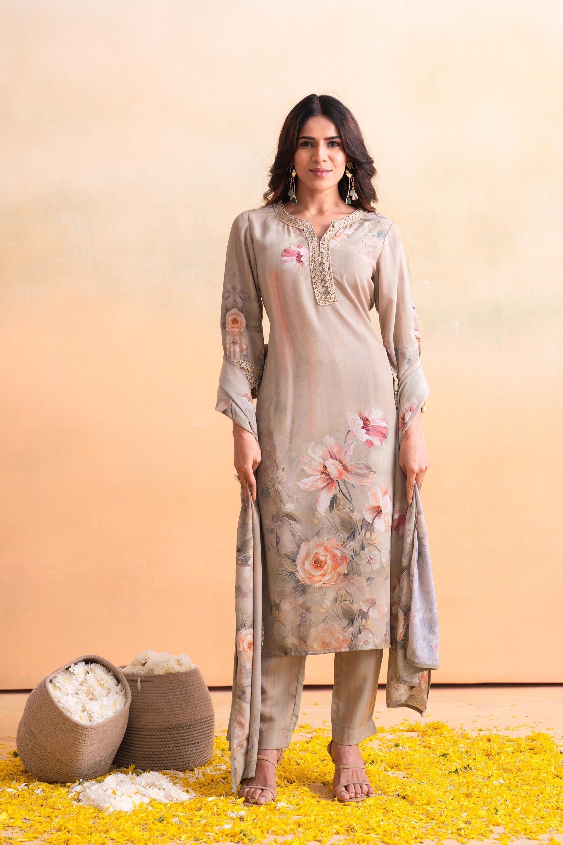Juniper Beige Floral Embellished A-Line Kurta Pant And Dupatta Set With Beads & Sequence Work | Grocsy
