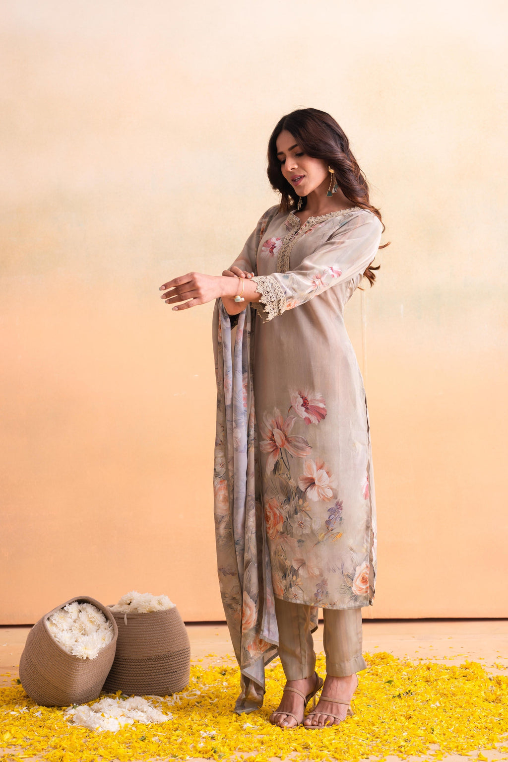 Juniper Beige Floral Embellished A-Line Kurta Pant And Dupatta Set With Beads & Sequence Work | Grocsy