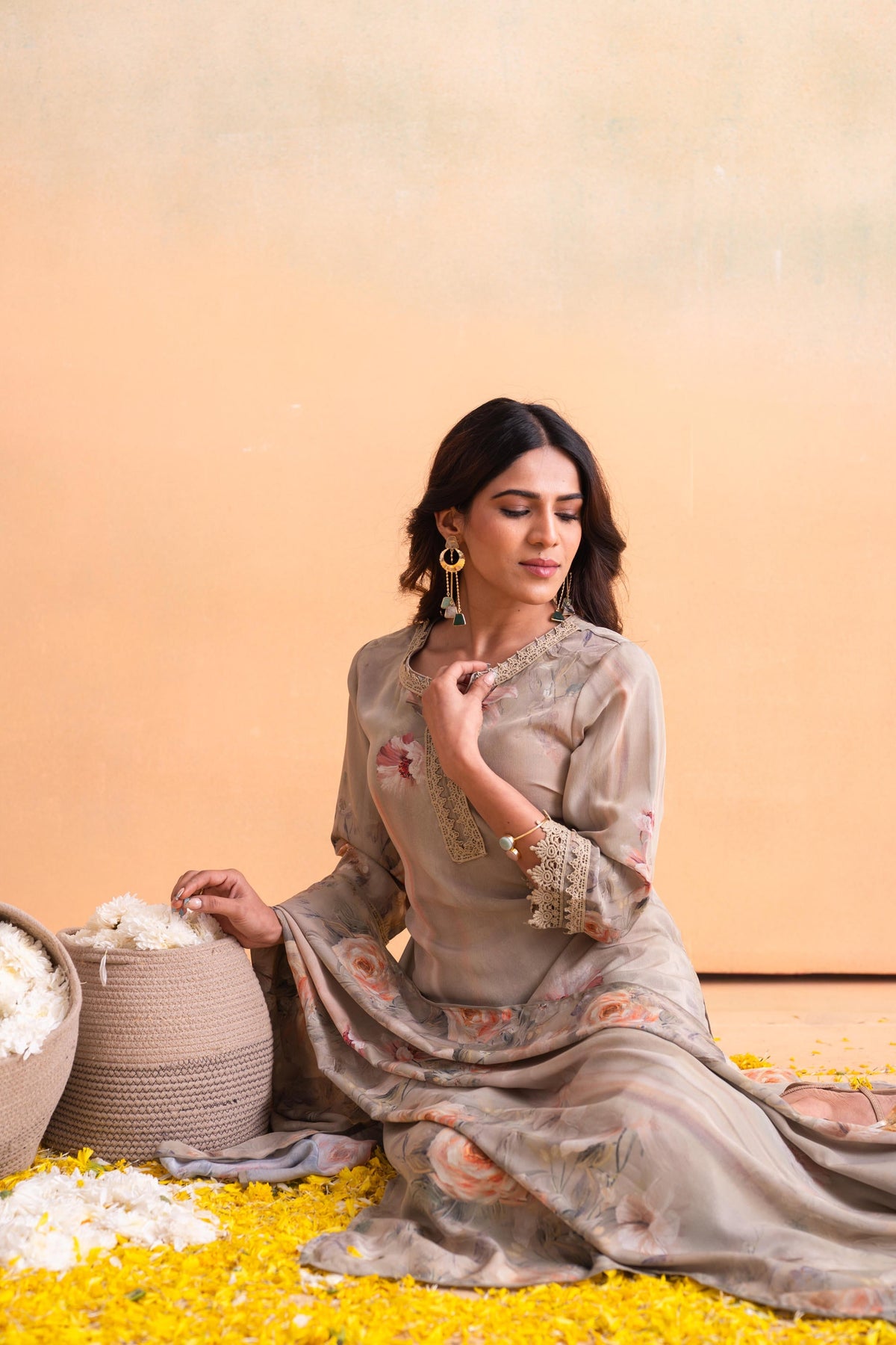 Juniper Beige Floral Embellished A-Line Kurta Pant And Dupatta Set With Beads & Sequence Work | Grocsy