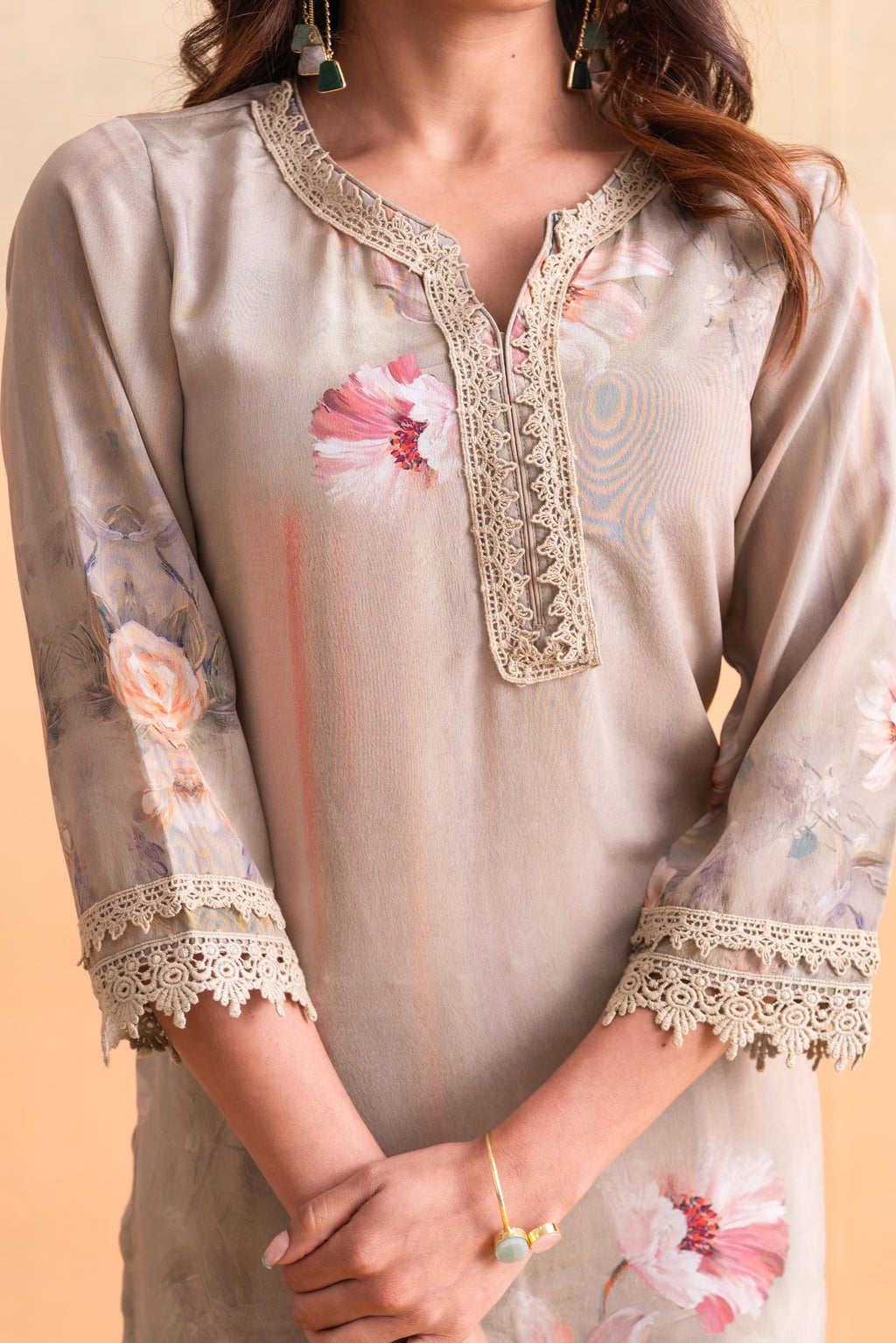 Juniper Beige Floral Embellished A-Line Kurta Pant And Dupatta Set With Beads & Sequence Work | Grocsy