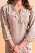 Juniper Beige Floral Embellished A-Line Kurta Pant And Dupatta Set With Beads & Sequence Work | Grocsy