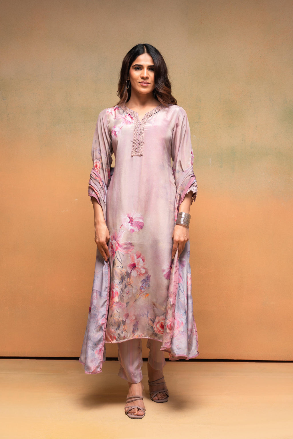 Juniper Pink Floral Embellished A-Line Kurta Pant And Dupatta Set With Beads & Sequence Work | Grocsy