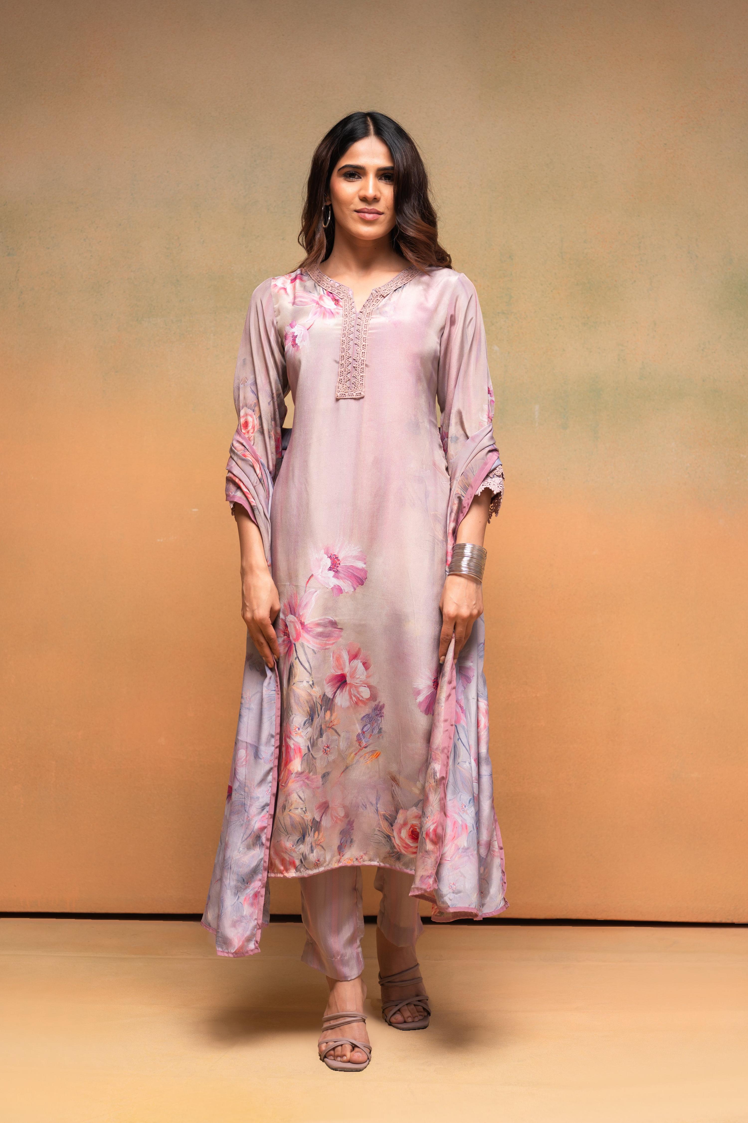 Juniper Pink Floral Embellished A-Line Kurta Pant And Dupatta Set With Beads & Sequence Work | Grocsy