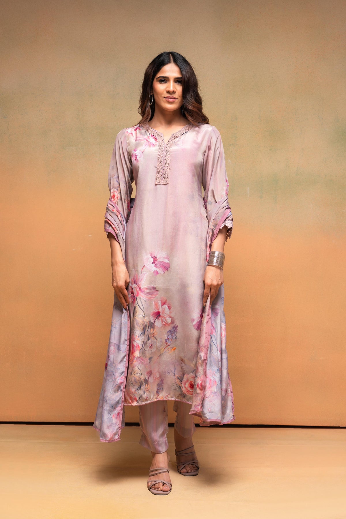 Juniper Pink Floral Embellished A-Line Kurta Pant And Dupatta Set With Beads & Sequence Work | Grocsy