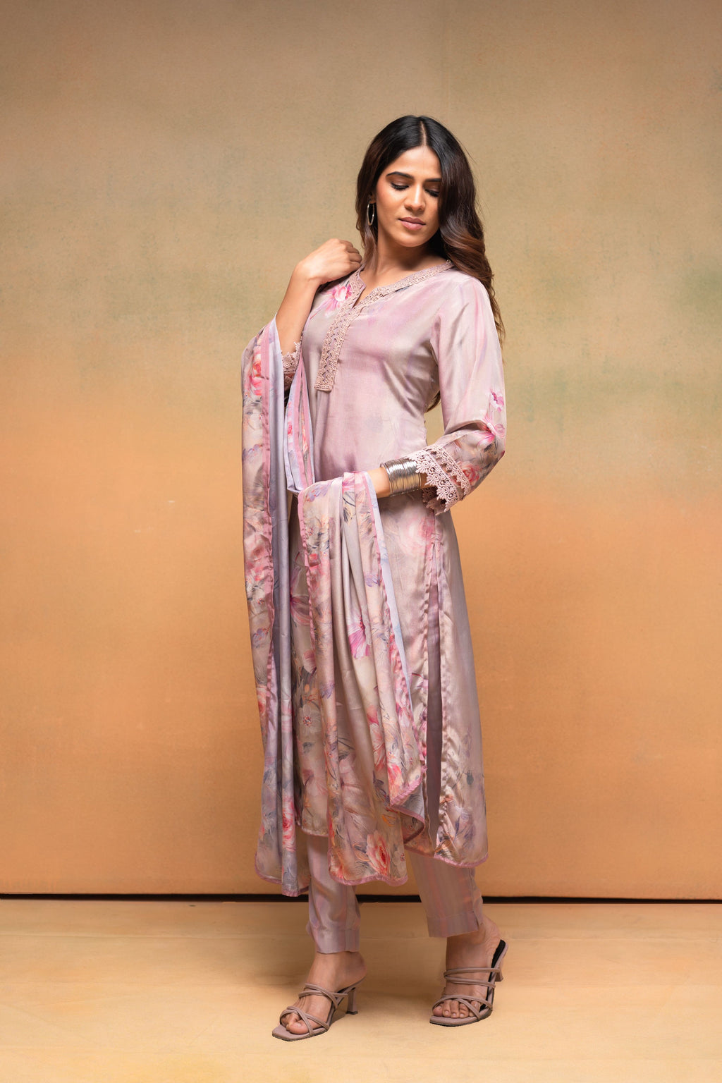 Juniper Pink Floral Embellished A-Line Kurta Pant And Dupatta Set With Beads & Sequence Work | Grocsy