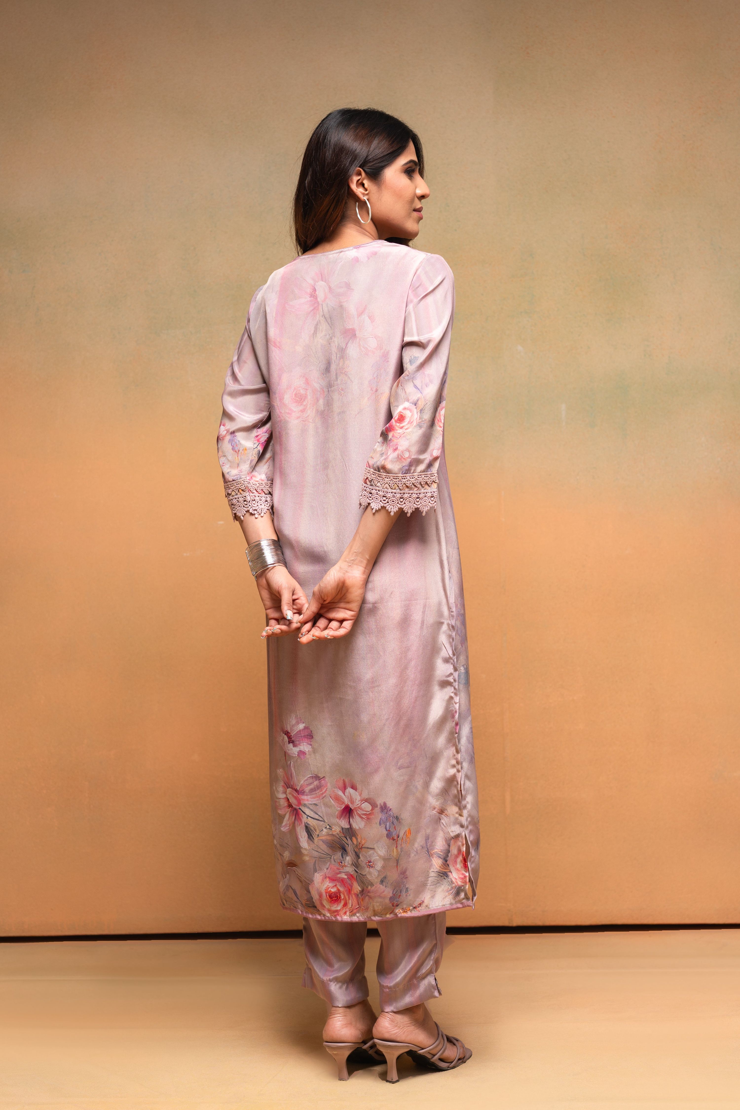 Juniper Pink Floral Embellished A-Line Kurta Pant And Dupatta Set With Beads & Sequence Work | Grocsy