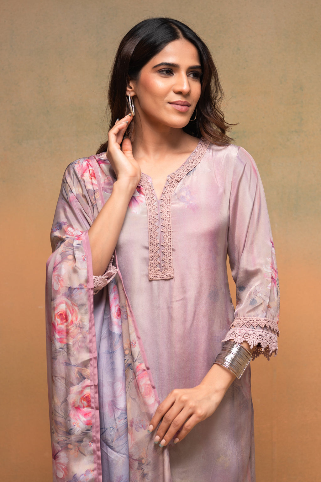 Juniper Pink Floral Embellished A-Line Kurta Pant And Dupatta Set With Beads & Sequence Work | Grocsy