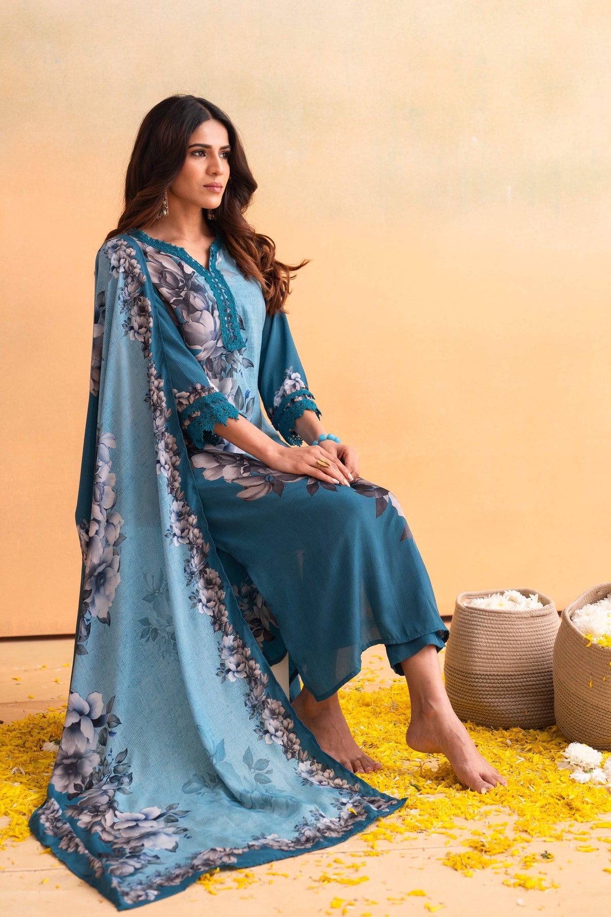 Juniper Blue Man Made Fiber Floral Printed Kurta With Pants & Dupatta Set With Lace Work | Grocsy