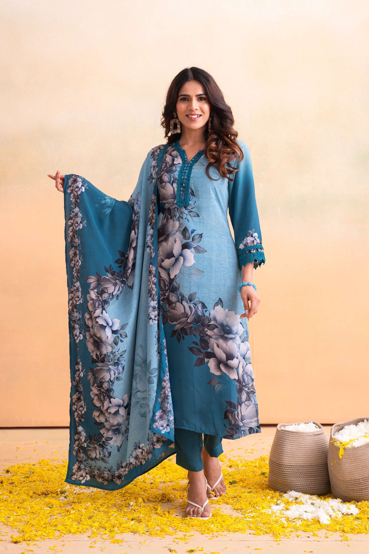Juniper Blue Man Made Fiber Floral Printed Kurta With Pants & Dupatta Set With Lace Work | Grocsy