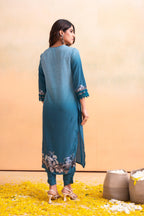 Juniper Blue Man Made Fiber Floral Printed Kurta With Pants & Dupatta Set With Lace Work | Grocsy