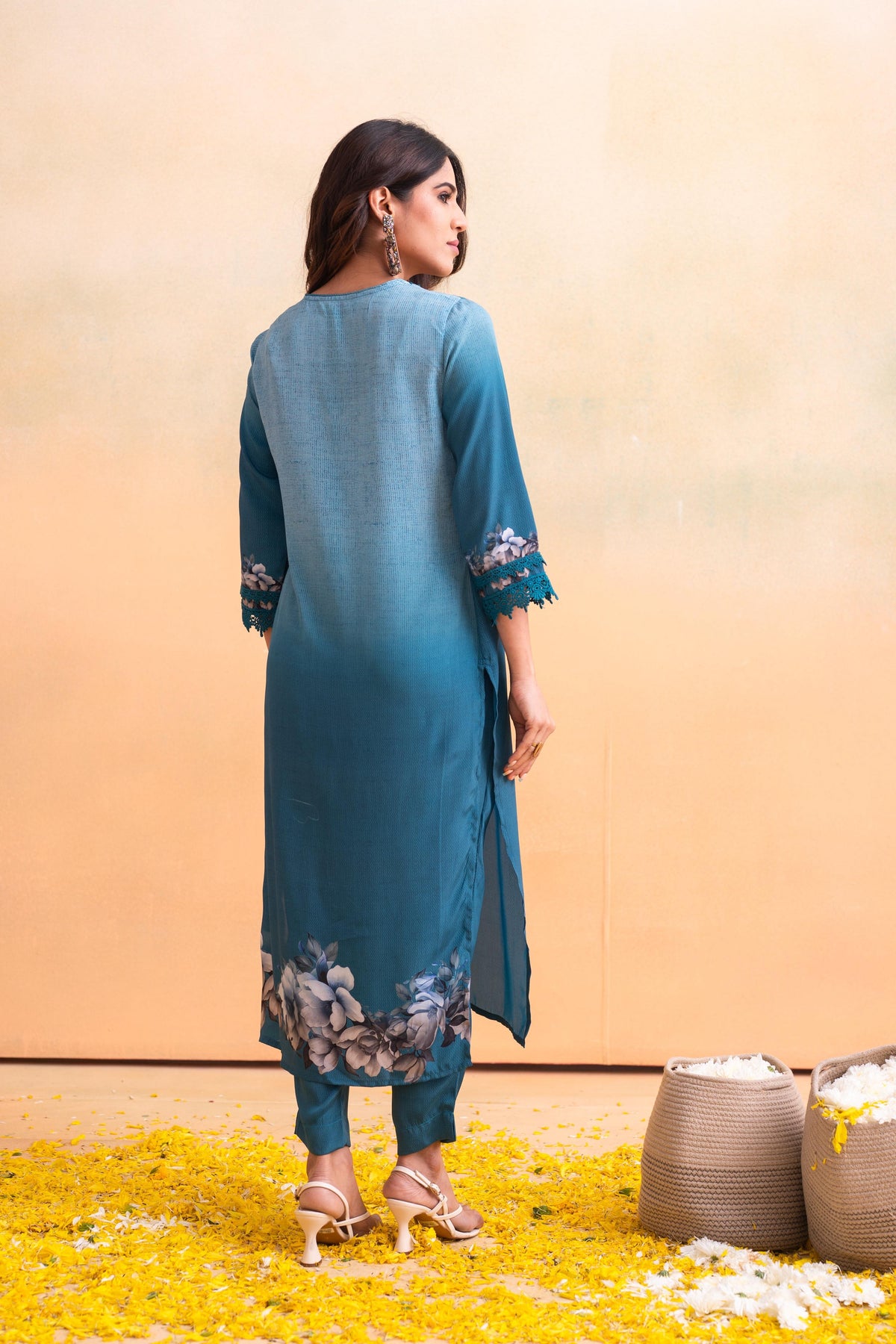 Juniper Blue Man Made Fiber Floral Printed Kurta With Pants & Dupatta Set With Lace Work | Grocsy