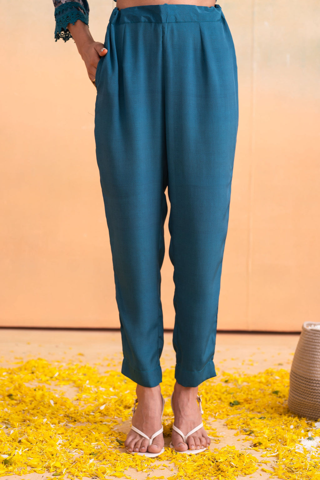 Juniper Blue Man Made Fiber Floral Printed Kurta With Pants & Dupatta Set With Lace Work | Grocsy