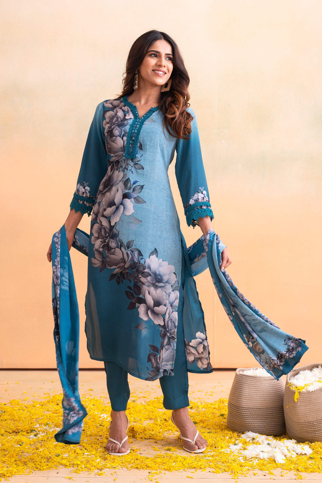 Juniper Blue Man Made Fiber Floral Printed Kurta With Pants & Dupatta Set With Lace Work | Grocsy