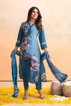 Juniper Blue Man Made Fiber Floral Printed Kurta With Pants & Dupatta Set With Lace Work | Grocsy