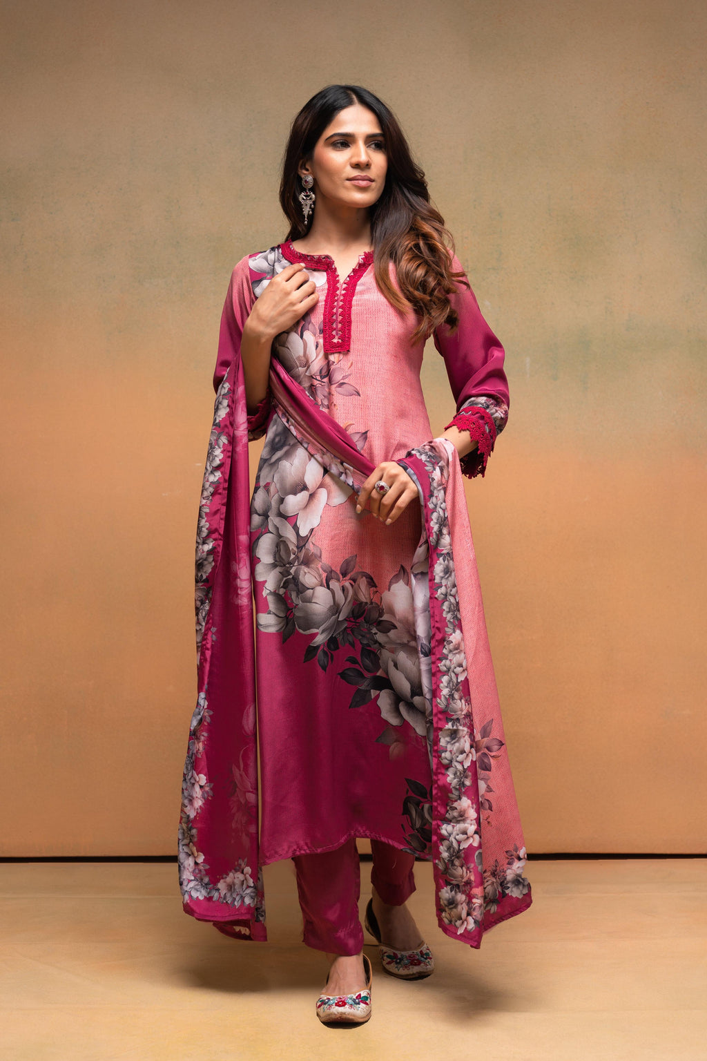Juniper Magenta Man Made Fiber Floral Printed Kurta With Pants & Dupatta Set With Lace Work | Grocsy