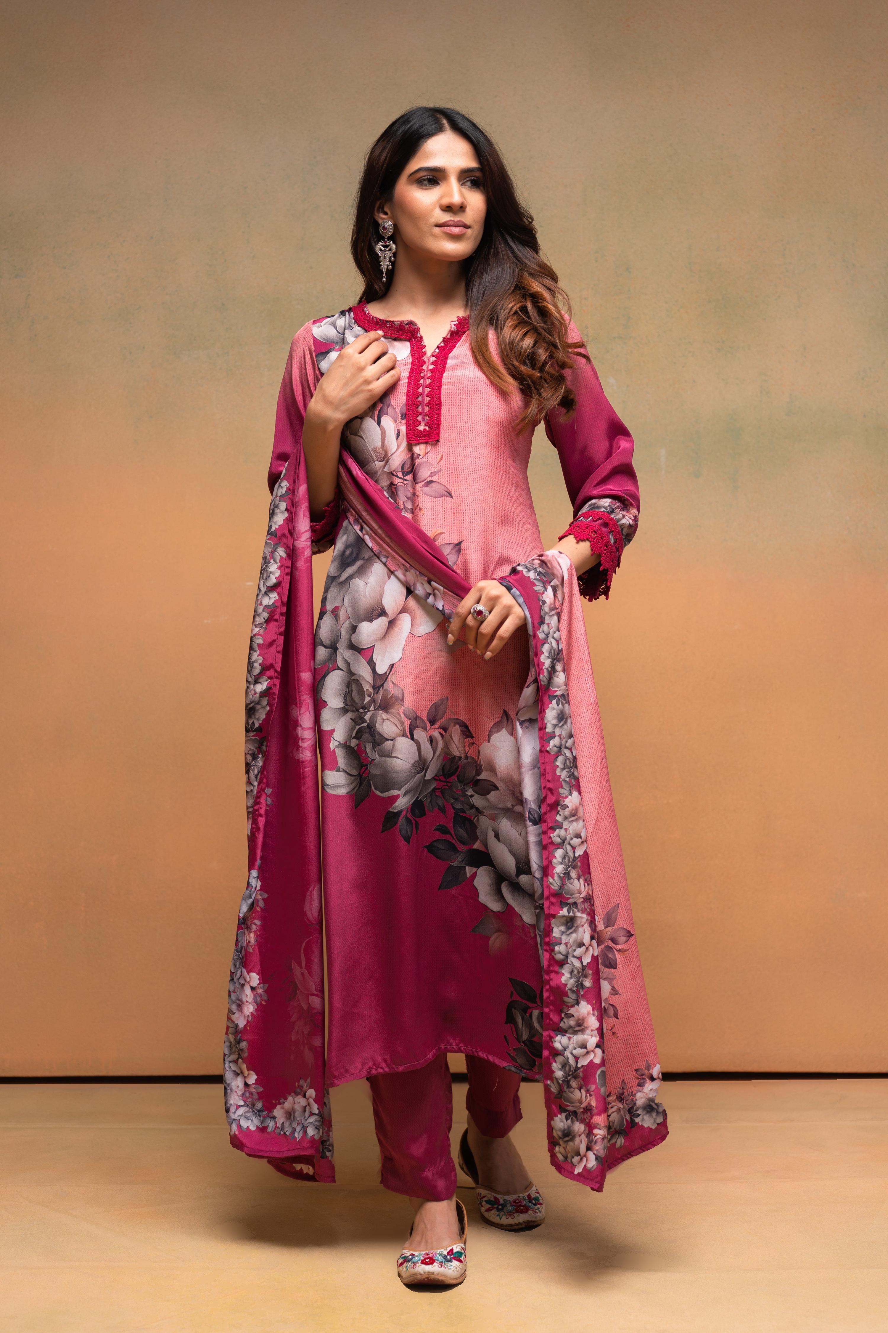Juniper Magenta Man Made Fiber Floral Printed Kurta With Pants & Dupatta Set With Lace Work | Grocsy