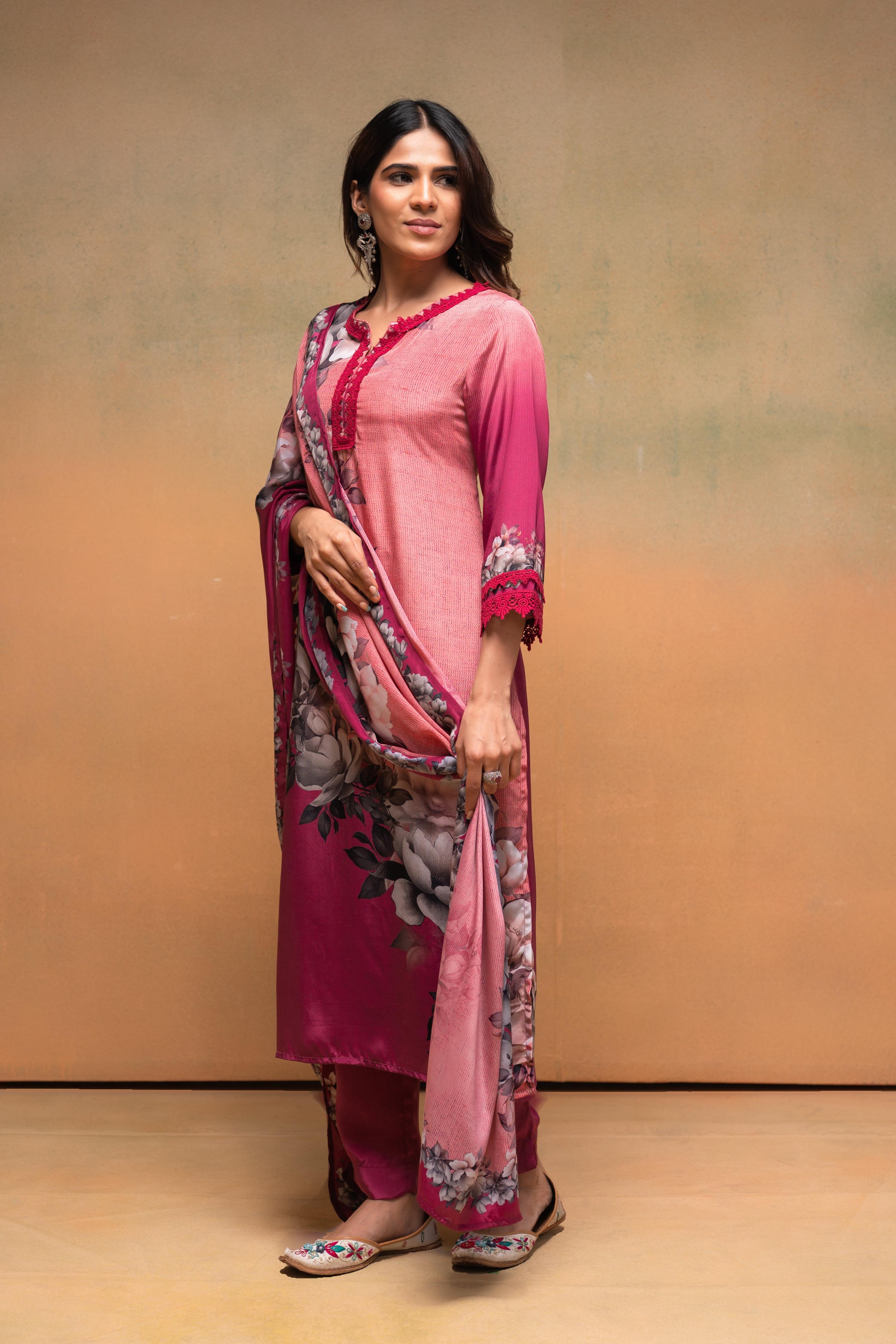 Juniper Magenta Man Made Fiber Floral Printed Kurta With Pants & Dupatta Set With Lace Work | Grocsy